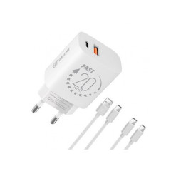 OBAL:ME Cestovní Nabíječka USB-A + USB-C 20W + 2x kábel 1m biely