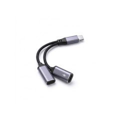 Adaptér AUX 2v1 Typ C (samec) na Typ C (samica) /Typ C (samica) max. nabíjanie 25W čierny